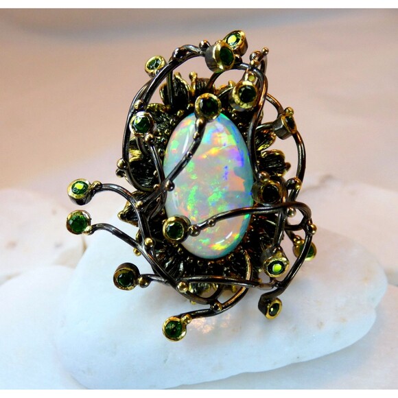 Huge 16 CT Ethiopian Opal-Chrome Diopside Sterling Silver Ring SZ 8 - Picture 1 of 10